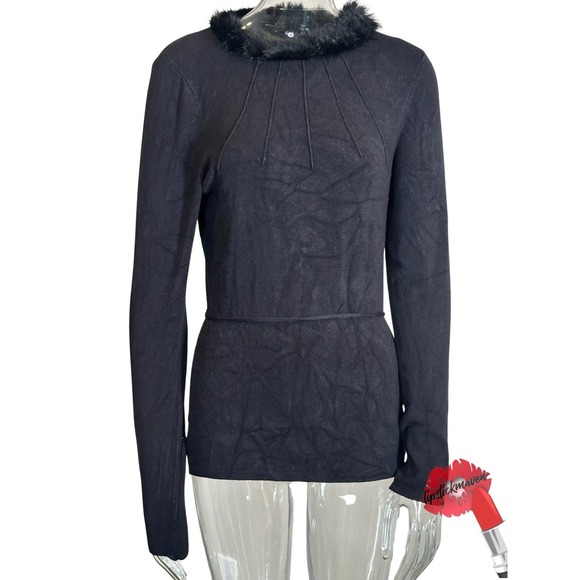 BCBG Sweaters - Vintage BCBG Maxazria Sweater‎ Women Large Black Long Sleeve Faux Fur Trim Y2K